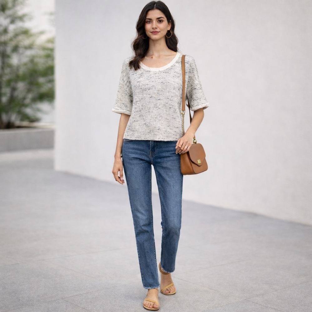 Zara Basic T-shirt Cream Gray Rolled Short Sleeve Pullover Sweater Size Small